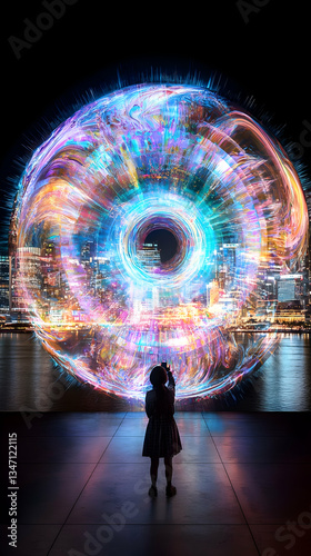 Silhouetted Girl Gazing at a Vibrant Colorful Energy Sphere Over a City at Night
