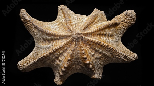 A detailed studio photograph of a fossilized sea star specimen