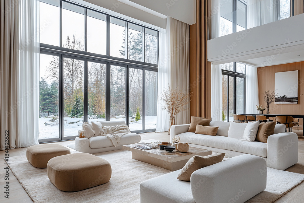 Modern living room with large windows in winter setting Modern living room with large windows in winter setting