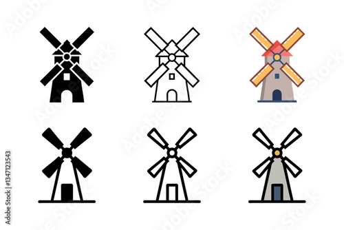 Set of modern windmill icon representing renewable wind energy, sustainable power, and eco-friendly technology.