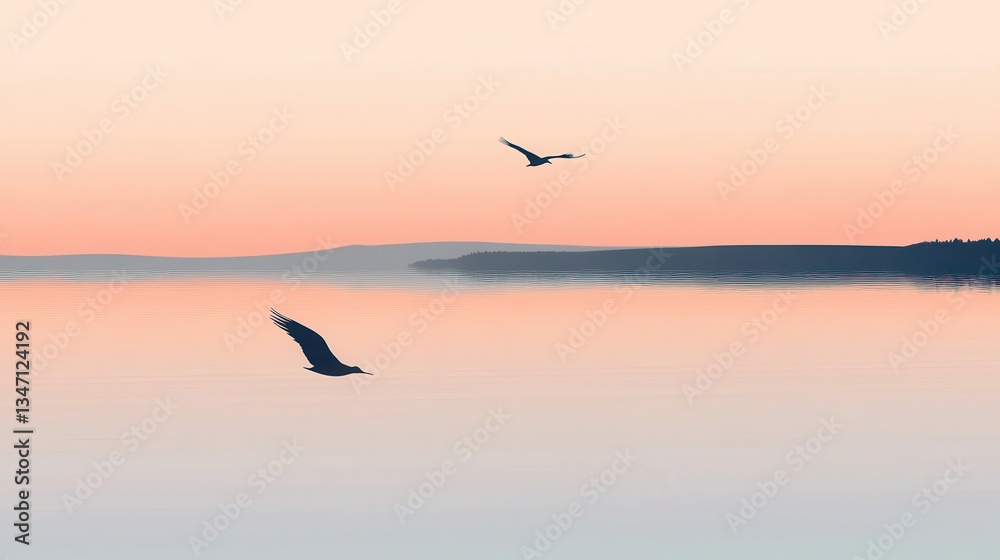 Naklejka premium Seagulls Soaring at Sunset over Calm Lake.