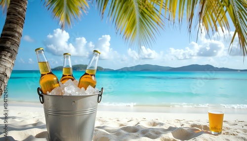 Iced beer bottles in bucket on white sand beach with palm trees - tropical refreshment