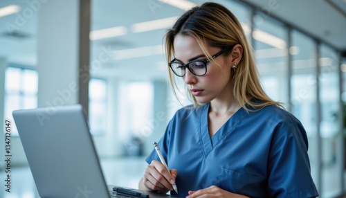Engaged Healthcare Professional Create a dynamic image of a healthcare worker in scrubs, focused on a laptop while taking notes on a clipboard