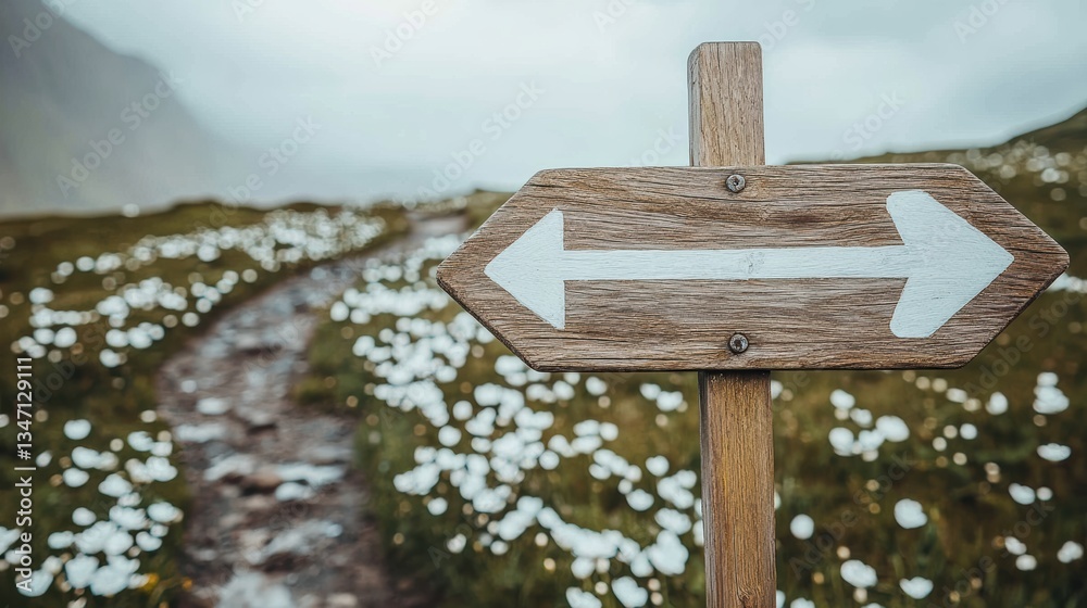Naklejka premium Scenic directional sign on a flower-filled pathway nature trail landscape photography tranquil environment close-up view exploration concept