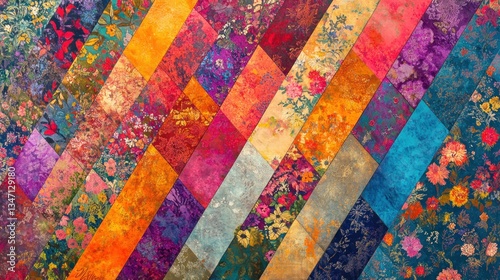 Vibrant patchwork quilt, diagonal pattern, floral fabrics, colorful background