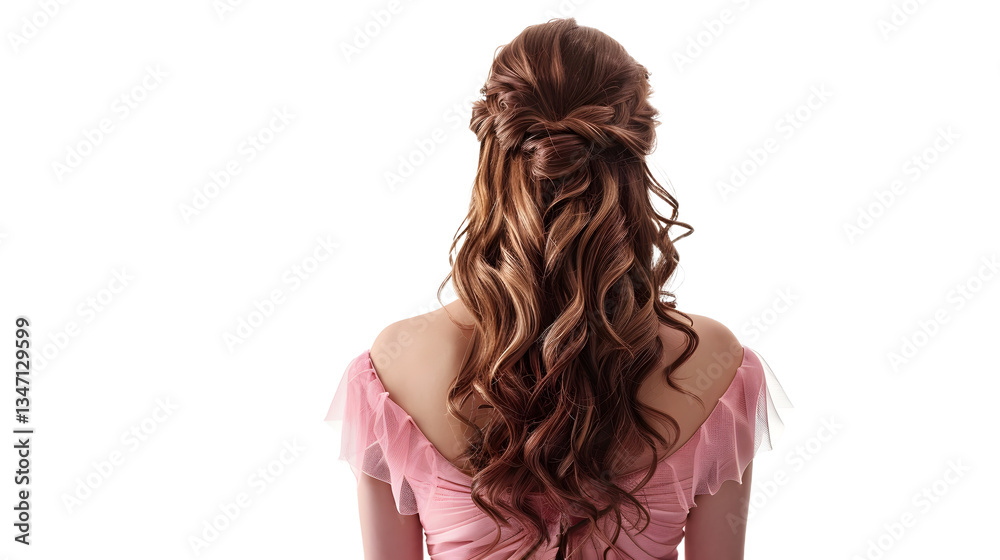 Obraz premium back view of women with long beautiful hair in a pink dress on transparent background, detailed photo, png 