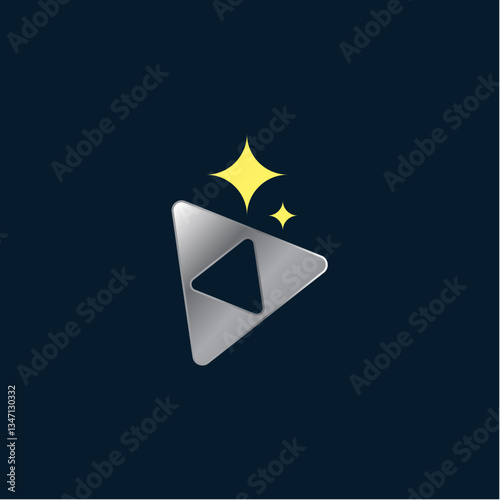 A metallic gray play button icon with a cutout triangle, featuring two yellow sparkle accents at the top, symbolizing media, entertainment, or premium content.