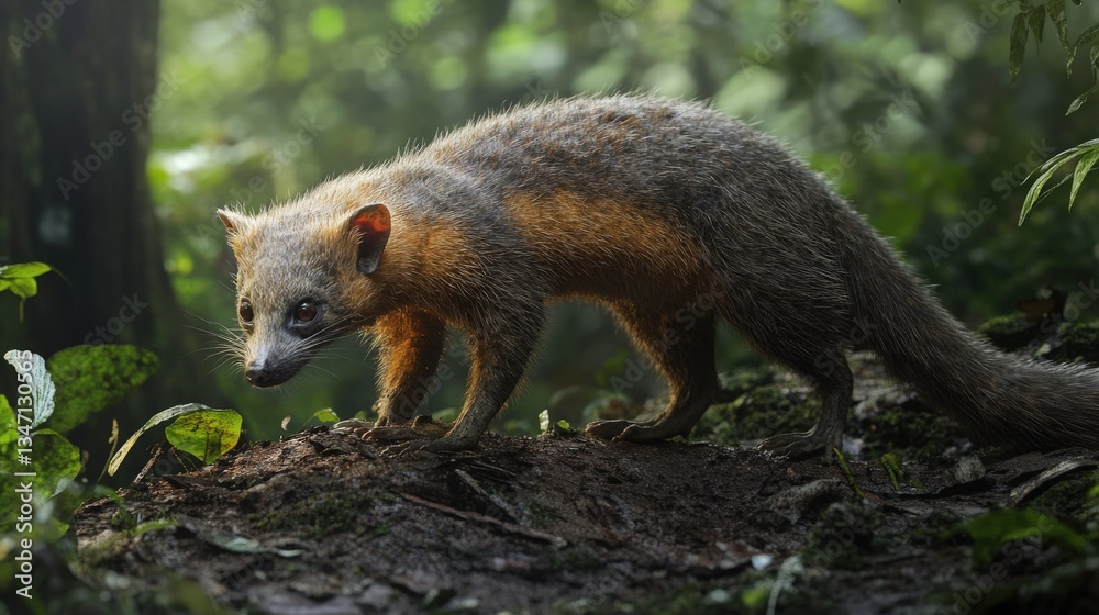 Obraz premium A small mammal with fur walks on a mossy forest log