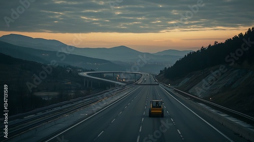 Highway at dusk, winding road through mountains.  A construction vehicle on the road