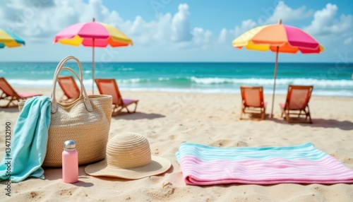 A beautifully arranged flat lay of a beach bag alongside essential items like a water bottle, beach towel, and sun hat