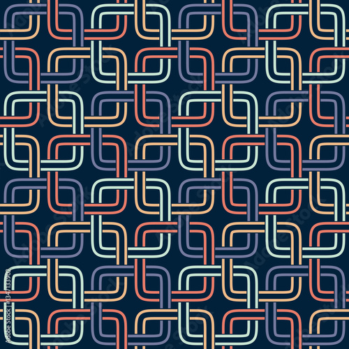 Seamless repeating pattern with a modern decoration of chained square rings on a black background. Abstract vector illustration for textiles, wrapping paper, covers, and printing.