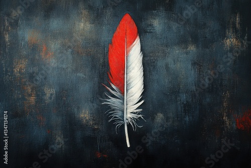 Vibrant red and white feather on textured dark background, symbolizing freedom and creativity, artistic expression concept