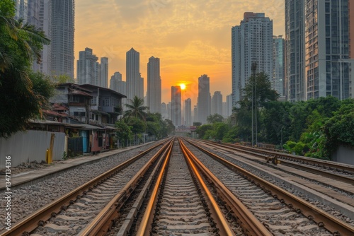 Railway tracks in foreground with modern skyscrapers