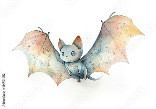 Adorable Watercolor Cartoon Bat Illustration with Spread Wings