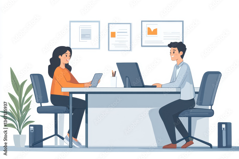 Two people sitting at a desk with a laptop, engaged in a discussion. Two people sitting at a desk with a laptop, engaged in a discussion.