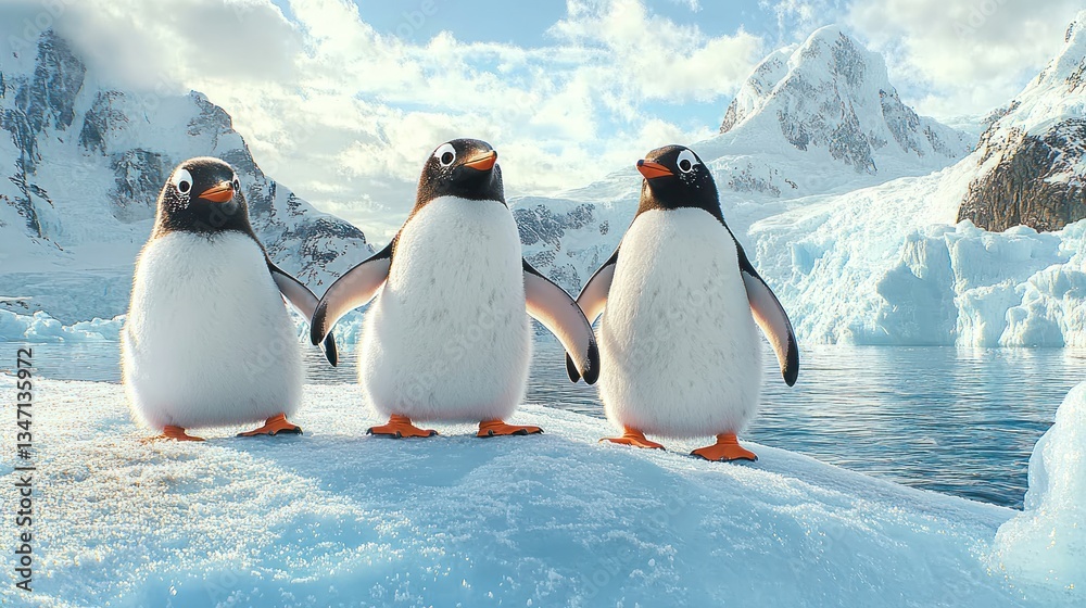 Fototapeta premium Three adorable penguins stand together on snowy ground near icy water and mountains