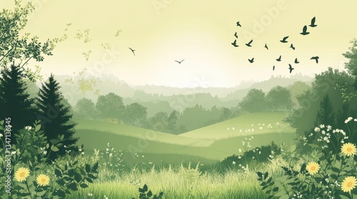 Serene Green Valley Landscape with Birds.