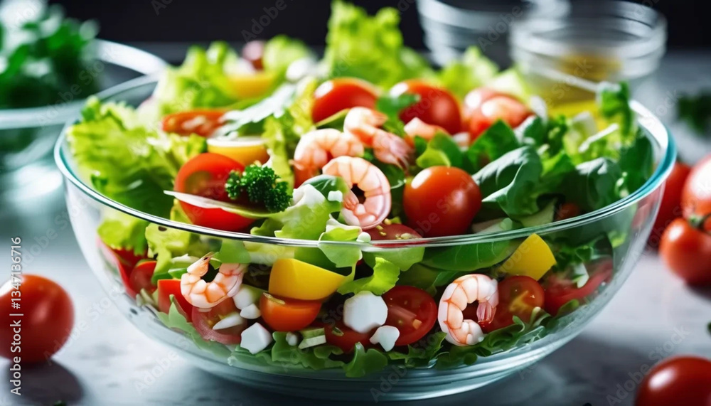 Fresh salad with shrimps in a glass bowl. Fresh salad with shrimps in a glass bowl.