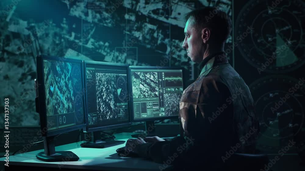 Military soldier operating advanced technology in a command center.