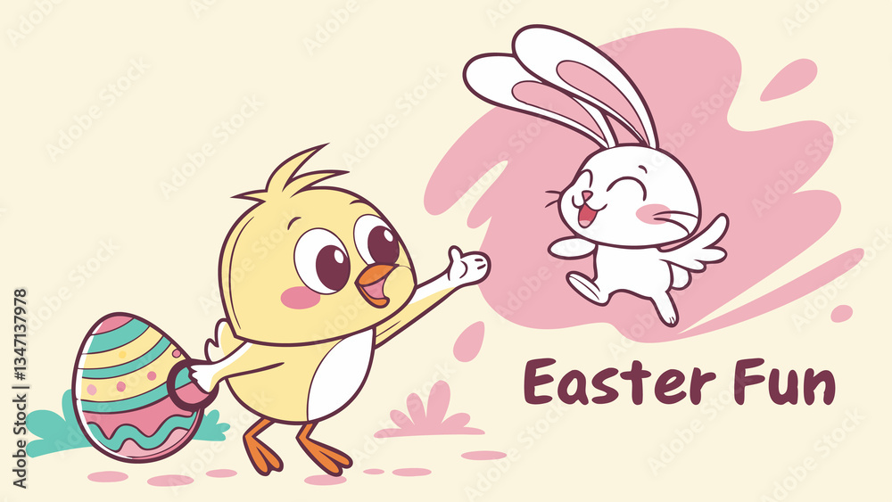 Fototapeta premium Cartoon easter chick bunny with egg illustration for greeting card and holiday season