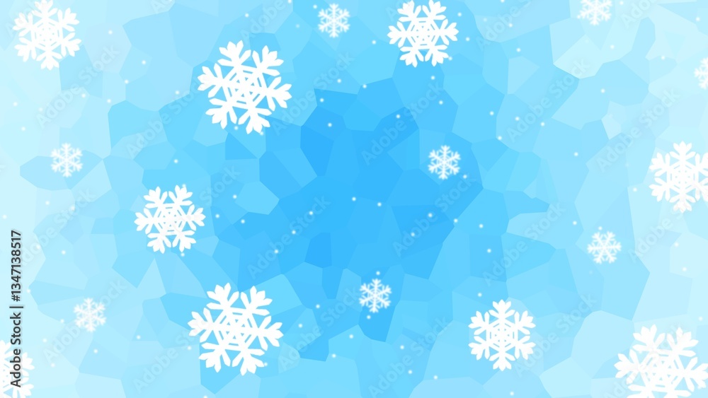 Winter Snowflakes on Geometric Ice Background. White snowflakes falling on a blue polygonal ice texture background, evoking a winter atmosphere Winter Snowflakes on Geometric Ice Background. White snowflakes falling on a blue polygonal ice texture background, evoking a winter atmosphere