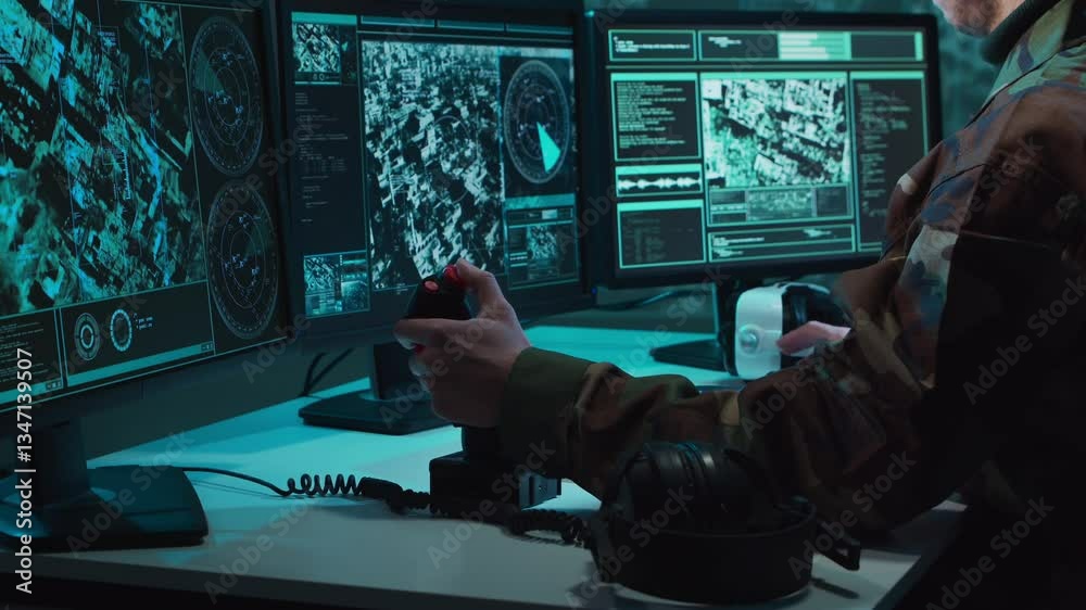 Military soldier operating advanced technology in a command center.