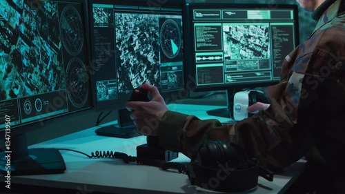 Wallpaper Mural Military soldier operating advanced technology in a command center. Torontodigital.ca