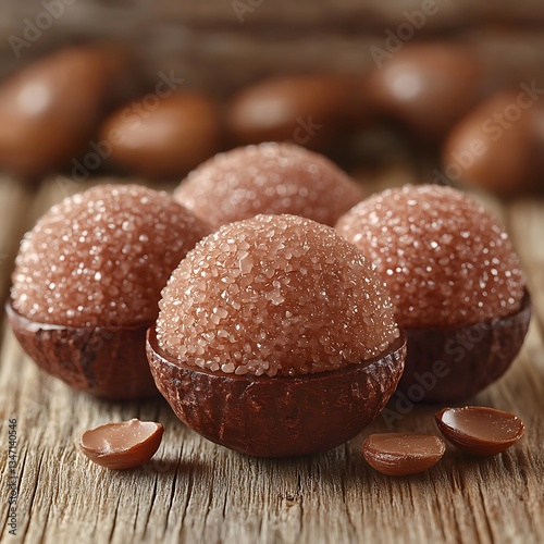 Sugar-coated balls in shells on wood