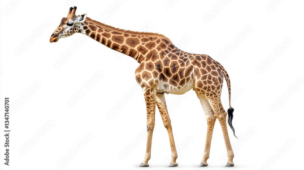 Naklejka premium Giraffe on White Background Profile of a Graceful Mammal