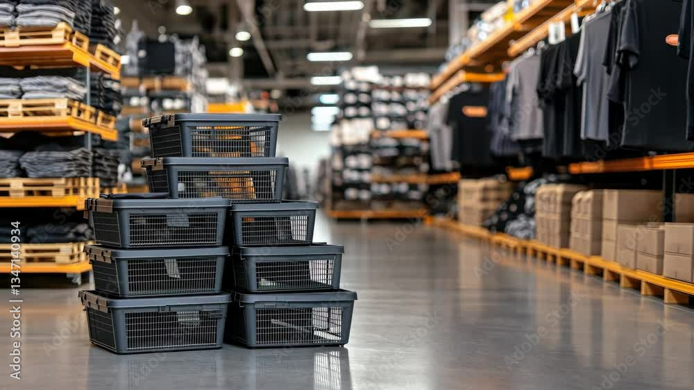 In a bustling retail store aisle, stacked baskets are patiently awaiting items, surrounded by an array of clothing products In a bustling retail store aisle, stacked baskets are patiently awaiting items, surrounded by an array of clothing products