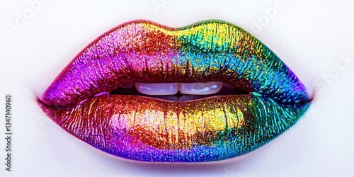 A rainbow colored lip with glitter on it