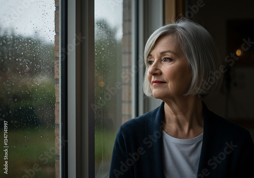 On a rainy afternoon, a senior woman gazes wistfully out the window, lost in her thoughts. Free Download On a rainy afternoon, a senior woman gazes wistfully out the window, lost in her thoughts. - GFXLoad