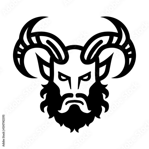 Stylized faun or satyr head icon with horns and beard, minimalist design representing mythology