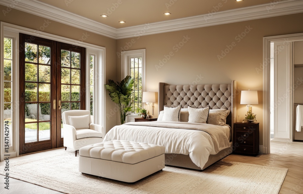 Elegant Bedroom Design Showing Bed Seating Area and Doors with View Elegant Bedroom Design Showing Bed Seating Area and Doors with View