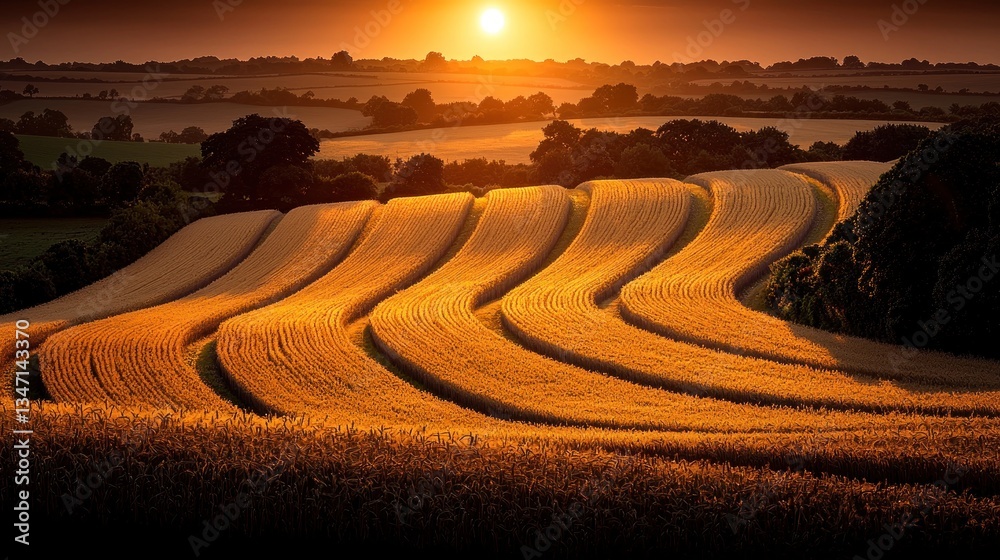 Naklejka premium Golden sunset over terraced fields