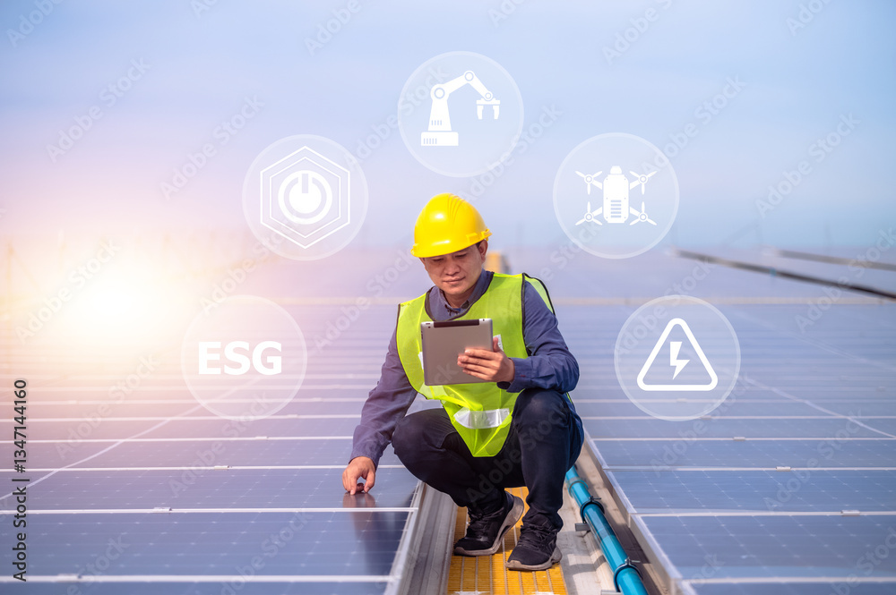 A solar energy engineer inspects photovoltaic panels using digital technology to drive a sustainable future with ESG standards.