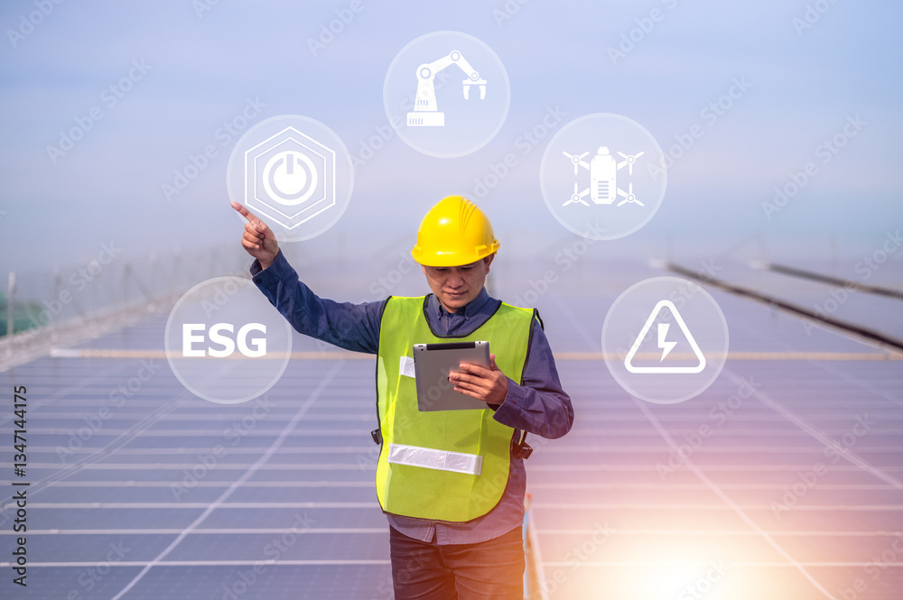 A solar energy engineer inspects photovoltaic panels using digital technology to drive a sustainable future with ESG standards.