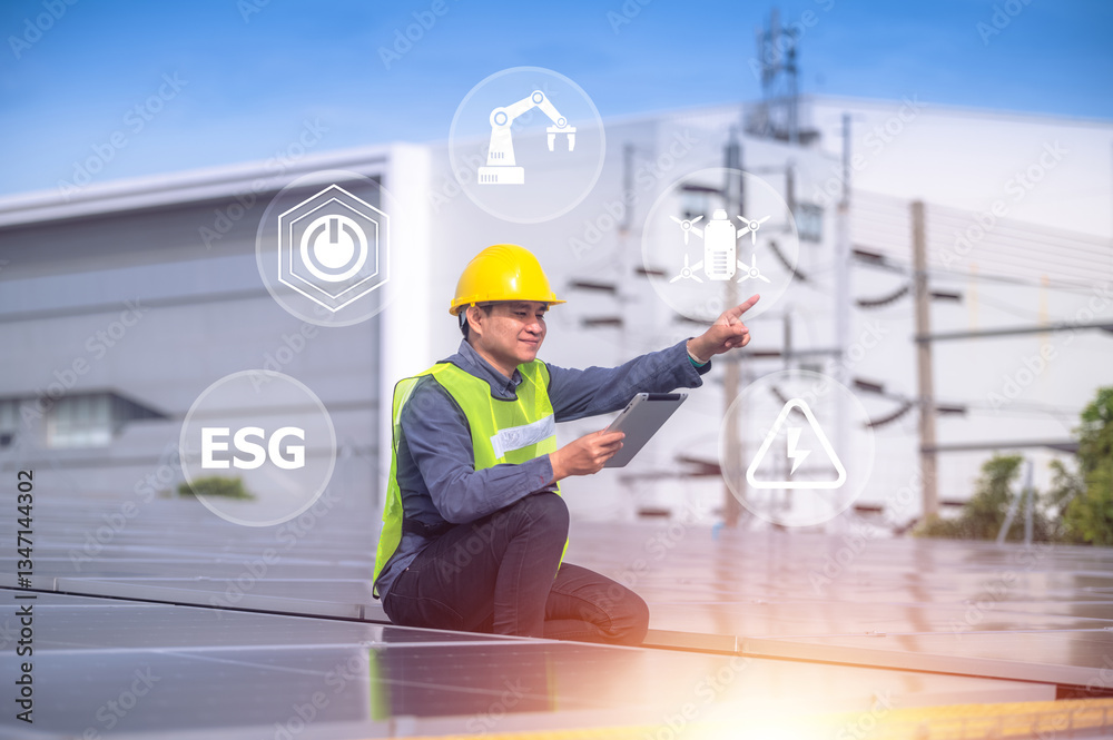 A solar energy engineer inspects photovoltaic panels using digital technology to drive a sustainable future with ESG standards.