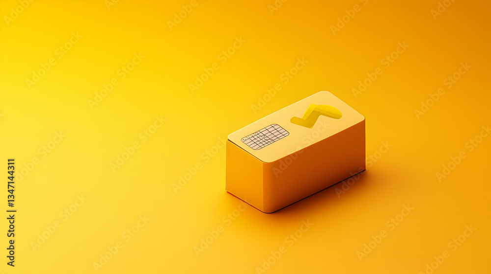 Obraz premium Isometric Yellow Cube Floating on a Plain Yellow Background With Pixelated Texture and Shadows