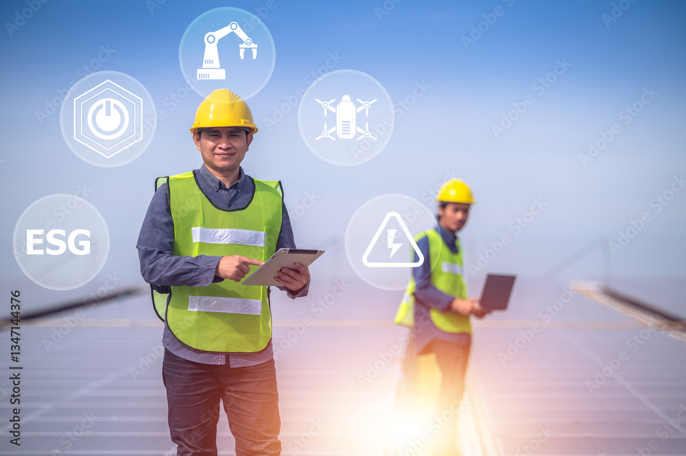 A solar energy engineer inspects photovoltaic panels using digital technology to drive a sustainable future with ESG standards.