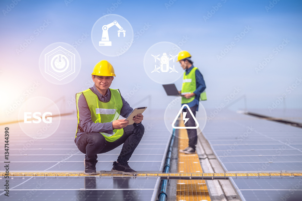 A solar energy engineer inspects photovoltaic panels using digital technology to drive a sustainable future with ESG standards.