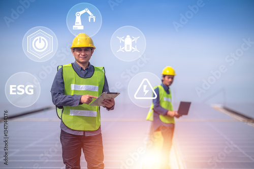A solar energy engineer inspects photovoltaic panels using digital technology to drive a sustainable future with ESG standards.
