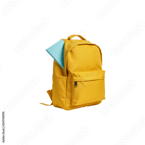 Yellow school bag with books isolated on transparent background. Yellow school bag png. School and education