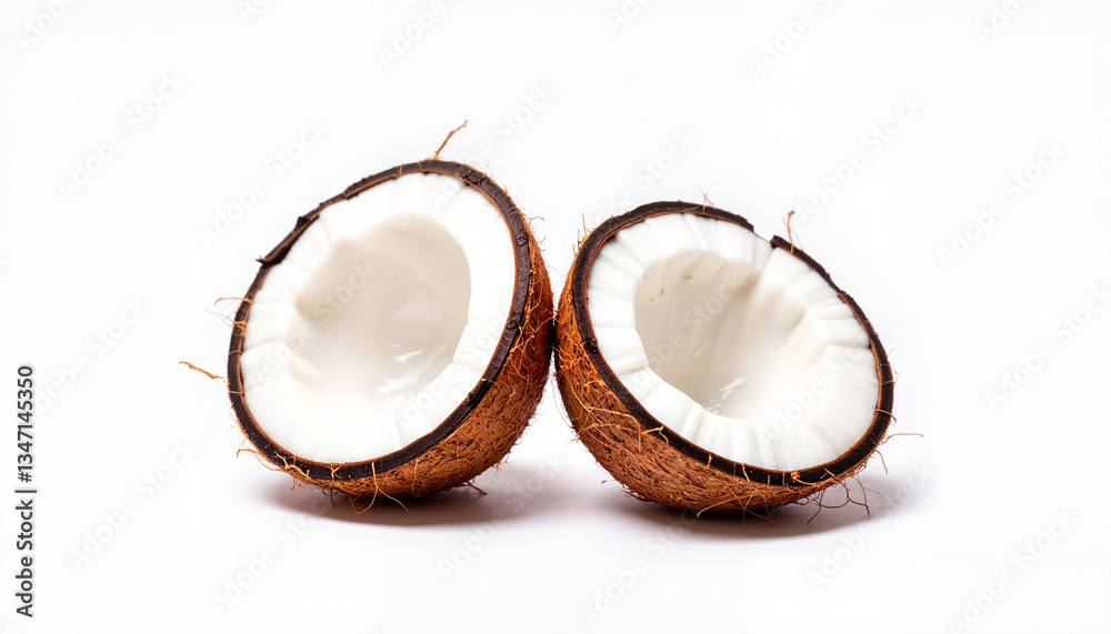 Coconut halves on white background, freshness and natural beauty Coconut halves on white background, freshness and natural beauty