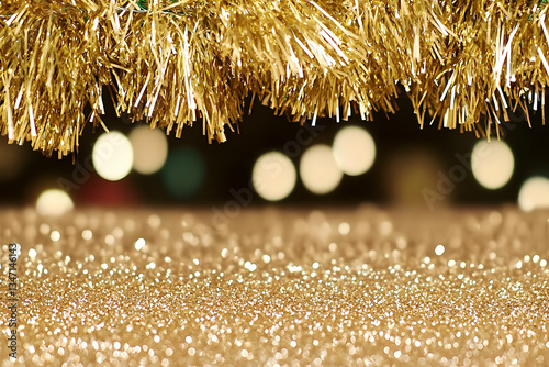 Golden Christmas Tinsel, Bokeh Lights, Festive Background