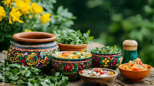 Wallpaper Mural Colorful Hand Painted Bowls With Fresh Herbs And Vegetables Torontodigital.ca