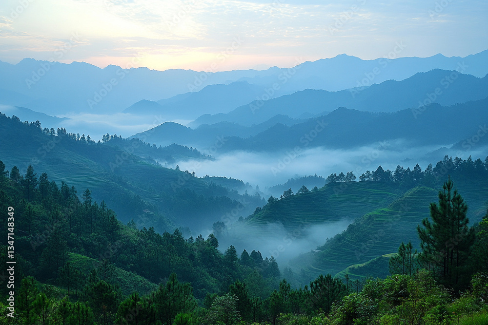 Obraz premium Serene morning mist in mountain valleys