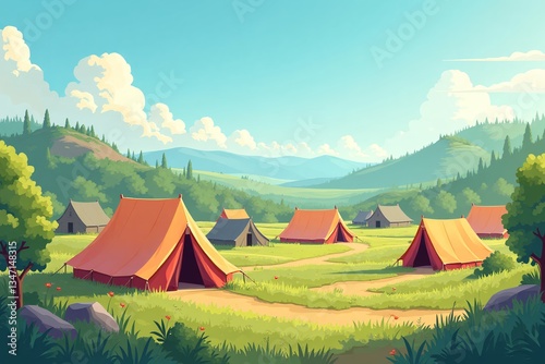 Whimsical Cartoon Valley Camping Scene with Orange and Grey Tents amid Rolling Hills and Forest in Children's Book Style