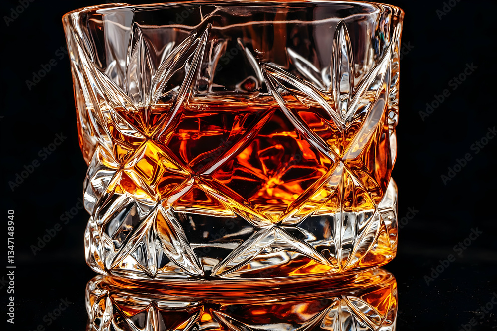 Whiskey in cut glass, dark background, reflection. Drinks photography