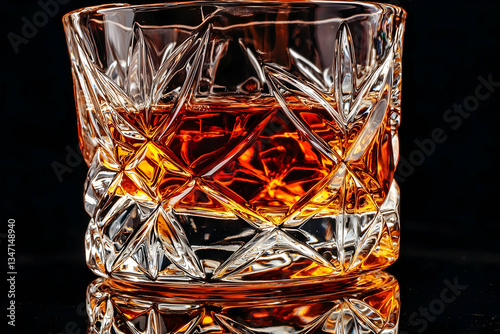 Obraz na płótnie Whiskey in cut glass, dark background, reflection. Drinks photography w salonie